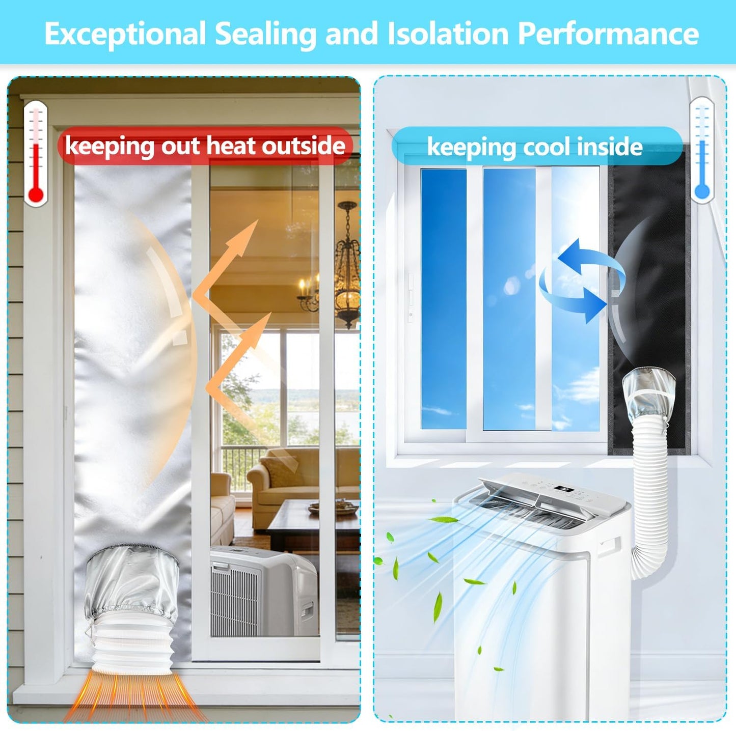420D High-Density Portable AC Window Seal Kit Stepless Adjustable up to 40" 100% Blackout & Claw-Proof Pet Friendly Fabric, Silver Coated Heat Reflection Shield for Sliding Doors & Windows