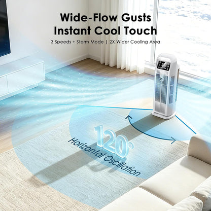 Portable Air Conditioners, 4 IN 1 Evaporative Air Cooler, 1200ML Water Tank, 3 Speeds & Storm Mode & Mist Spray, 120° Auto Oscillation, 12H Timer, Quiet Tower Cooling Fan for Room, Bedroom - White ﻿