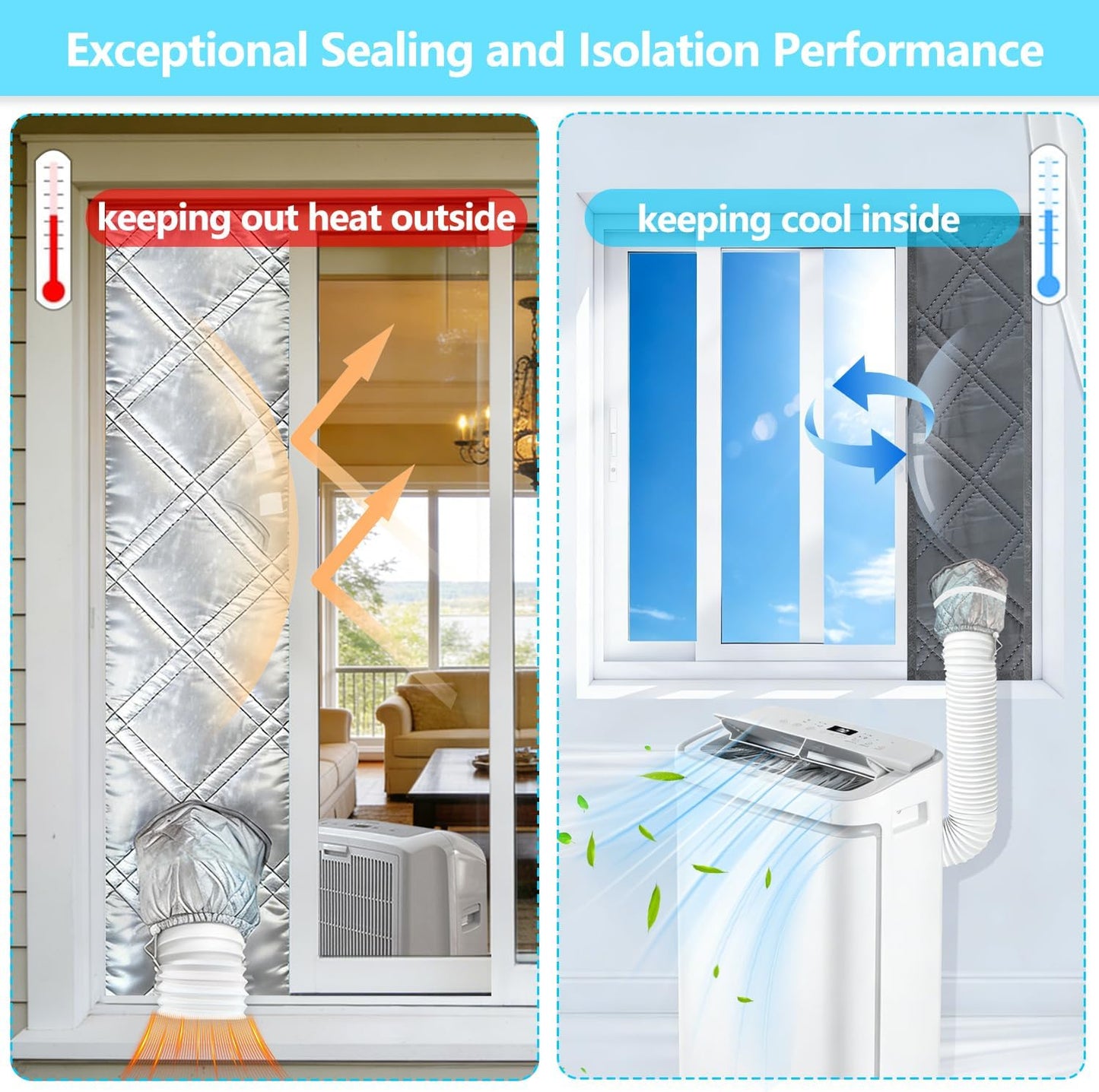 40" Heavy Duty Portable Air Conditioner Window Kit Reflective Aluminum Foil Thermal Shield, 100% Blackout & Waterproof Adjustable Height 3-Layer Insulated Portable AC Window Seal Kit