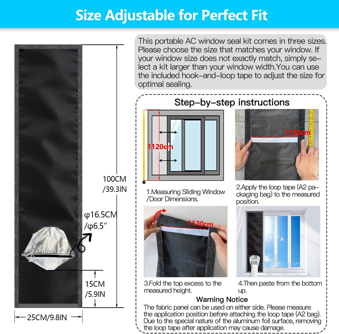 420D High-Density Portable AC Window Seal Kit Stepless Adjustable up to 40" 100% Blackout & Claw-Proof Pet Friendly Fabric, Silver Coated Heat Reflection Shield for Sliding Doors & Windows