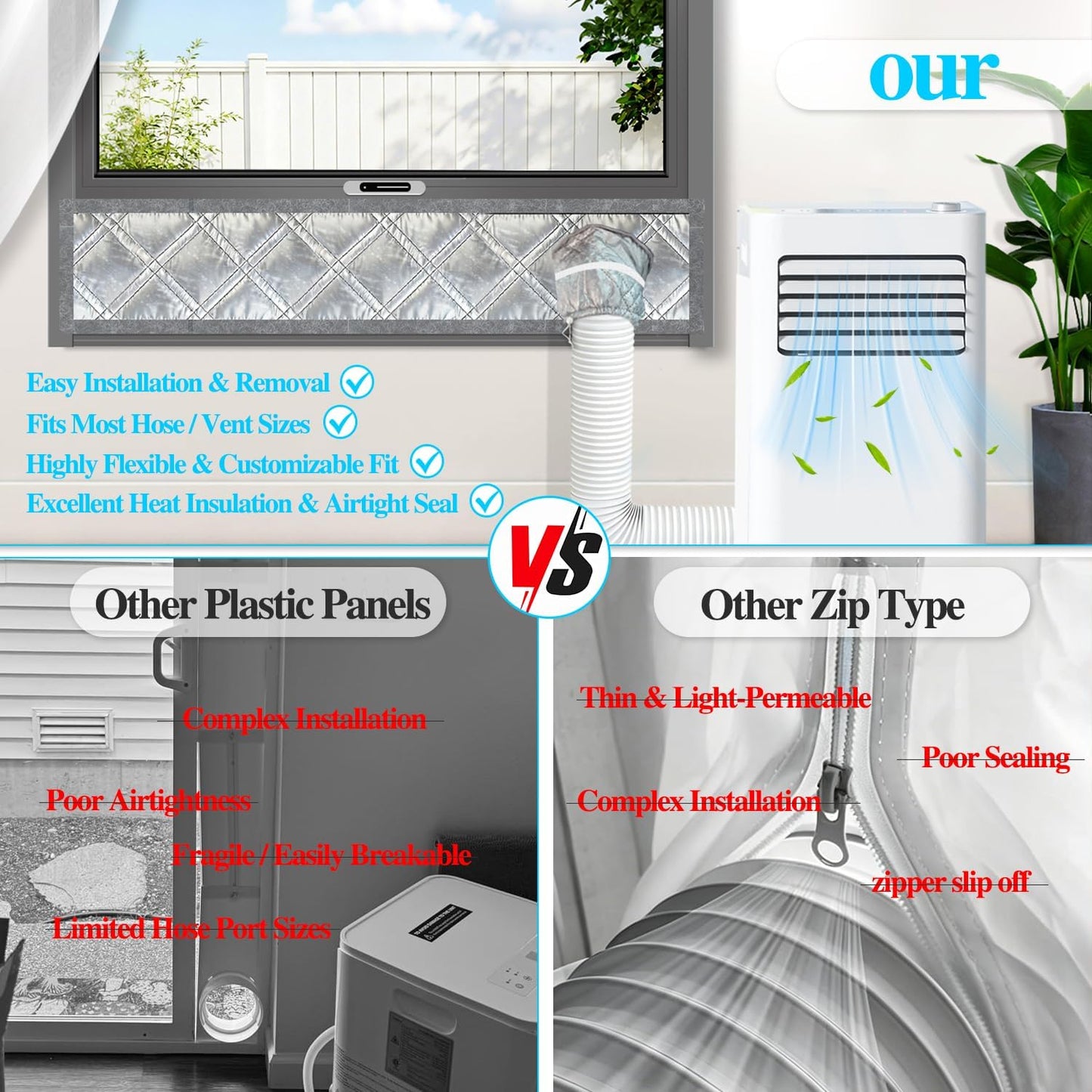 Portable AC Window Seal Kit,39"–Adjustable Vertical/Horizontal Sliding Windows,3-Layer Thickened Unit Window Vent Seal Kit for Portable Air Conditioner,100％Tight Seal Blocks Hot Air,Easy Installation