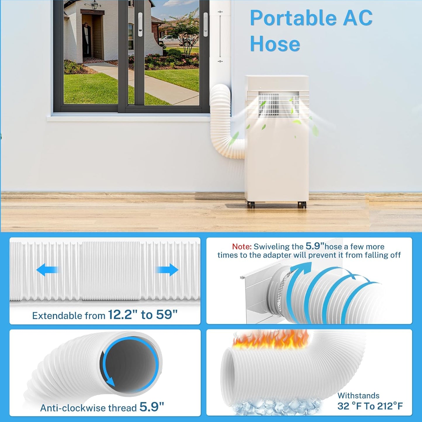 YJHome Portable AC Window Vent Kit with 5.9" Exhaust Hose & Universal Coupler, Air Conditioner Window Seal Kit with Plates, Upgraded Rain Cover, Portable Air Conditioner Window Kit for Sliding Window