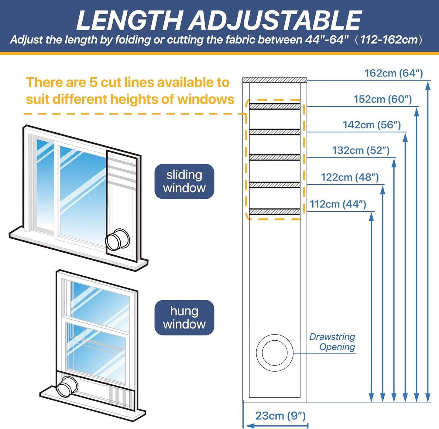 LOVIGA Drawstring Portable Air Conditioner Window Vent Kit, 100% Sealing Portable AC Window Kit Seal Kit, Fit Both 5" & 6" Hose, Keep Hot Air Out, Length Adjustable, Waterproof,10X44~64 Inch