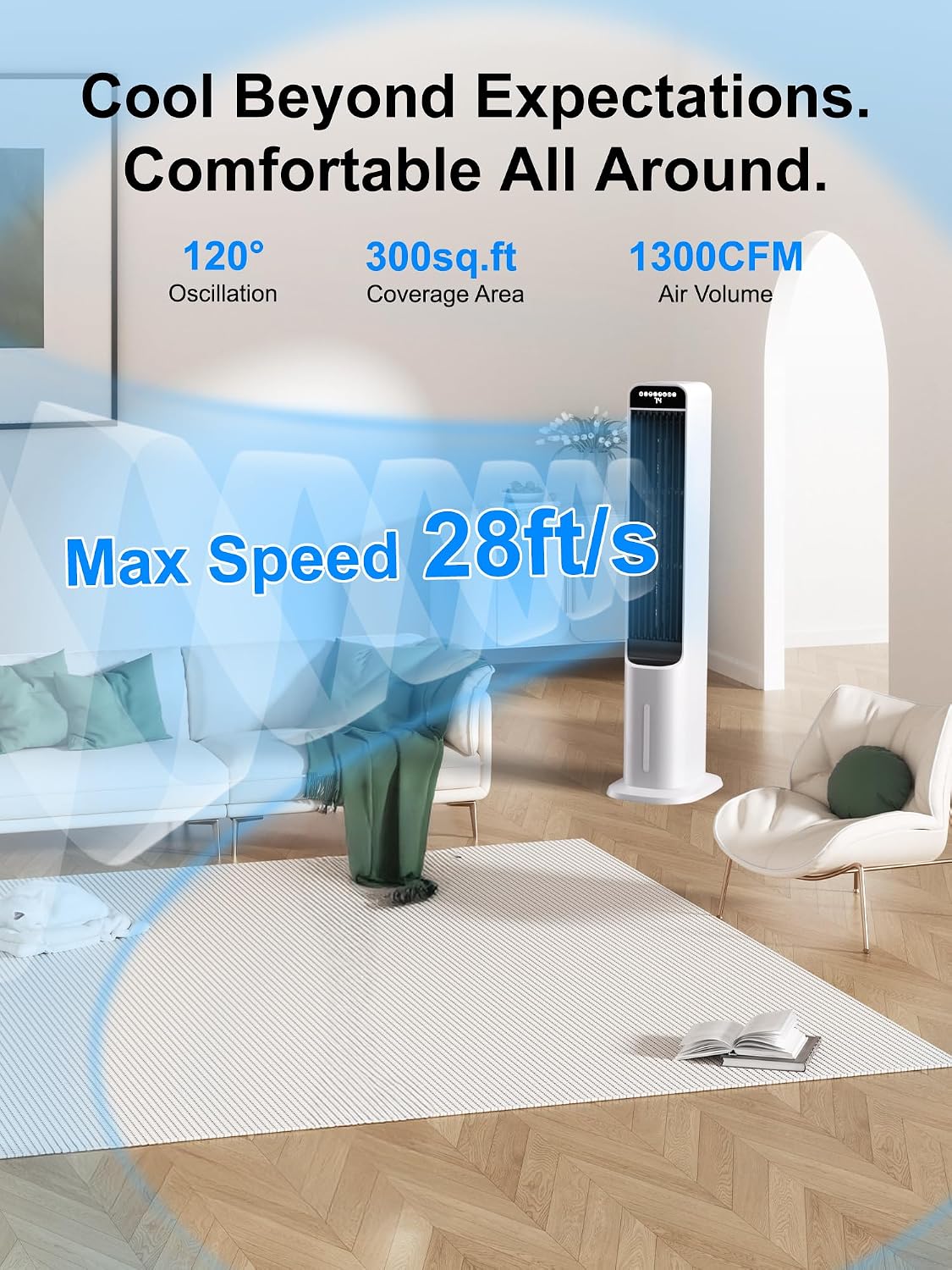 MEPTY 3-IN-1 Evaporative Air Cooler, Cooling Fans that Blow Cold Air with 120° Oscillation, 12H Timer, 3 Speeds, Portable Swamp Cooler for Indoor Use, Windowless Portable Air Conditioners
