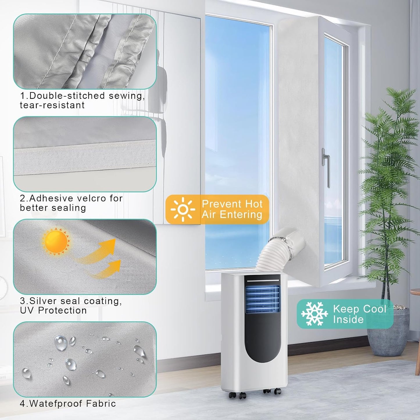 Fohil 500CM (196") Portable AC Window Seal Kit, Window Vent Seal Kit for Portable Air Conditioner Dryer, Waterproof Full Sealing A/C Vent Sealing Cloth for Push Out Windows