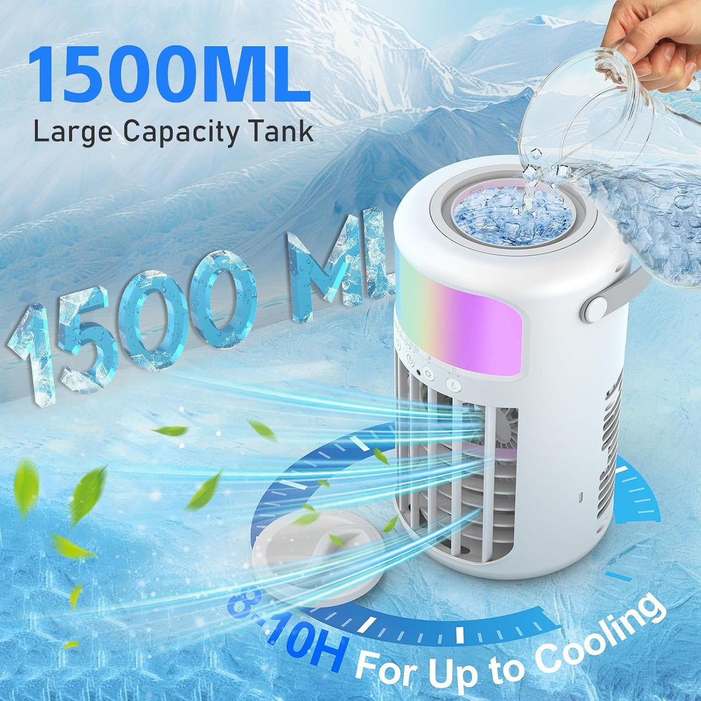 Portable Air Conditioner, 2026 Upgraded 4-IN-1 Portable Ice Fan with 3 Cooling Speeds & 1500ml Water Tank, 2 Cool Mist Ultra-Quiet Desktop AC Fan with Remote & 2-8H Timer for Bedroom, Office, Home