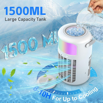 Portable Air Conditioner, 2026 Upgraded 4-IN-1 Portable Ice Fan with 3 Cooling Speeds & 1500ml Water Tank, 2 Cool Mist Ultra-Quiet Desktop AC Fan with Remote & 2-8H Timer for Bedroom, Office, Home