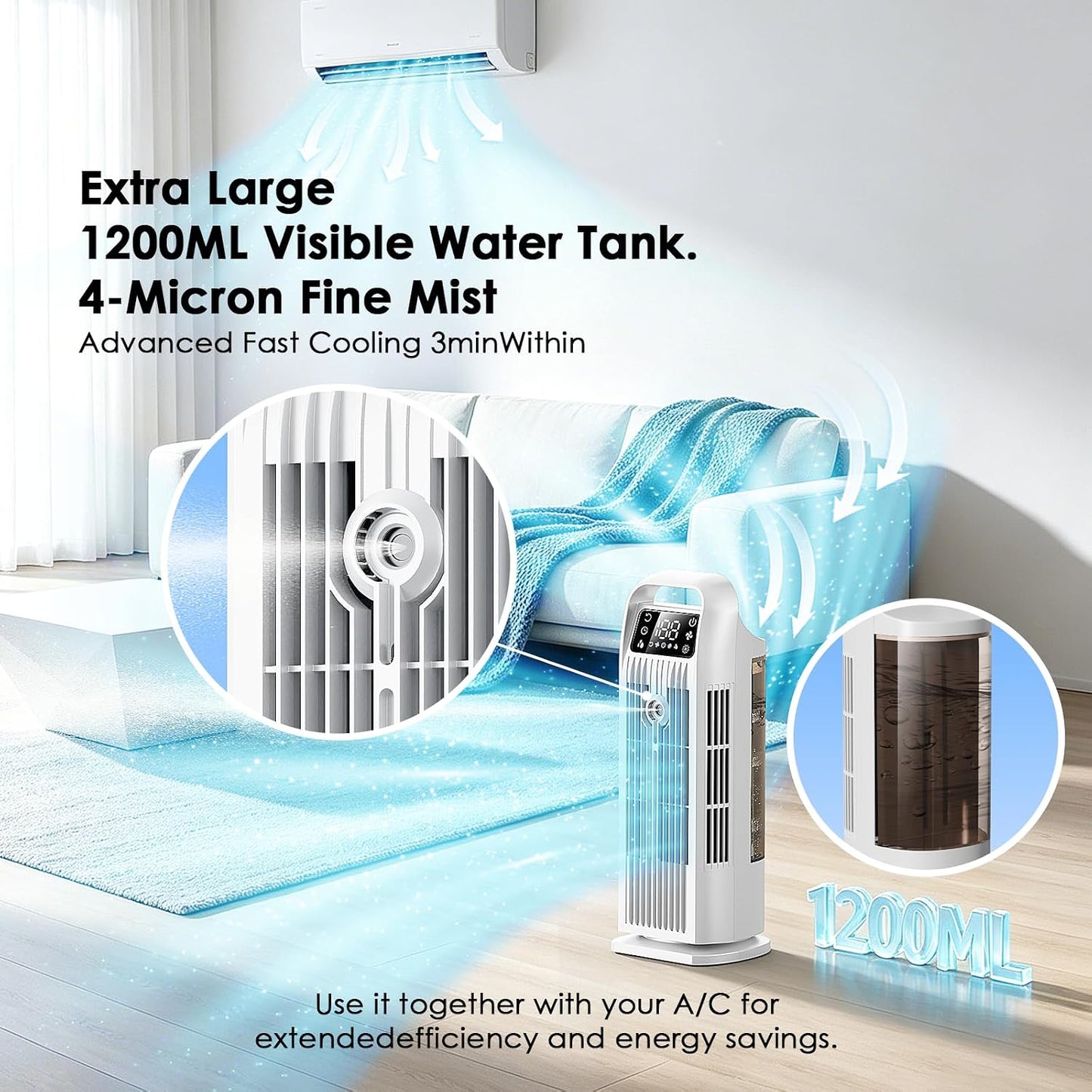 Portable Air Conditioners, 4 IN 1 Evaporative Air Cooler, 1200ML Water Tank, 3 Speeds & Storm Mode & Mist Spray, 120° Auto Oscillation, 12H Timer, Quiet Tower Cooling Fan for Room, Bedroom - White ﻿