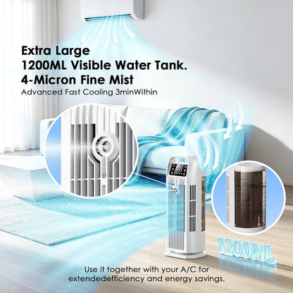 Portable Air Conditioners, 4 IN 1 Evaporative Air Cooler, 1200ML Water Tank, 3 Speeds & Storm Mode & Mist Spray, 120° Auto Oscillation, 12H Timer, Quiet Tower Cooling Fan for Room, Bedroom - White ﻿